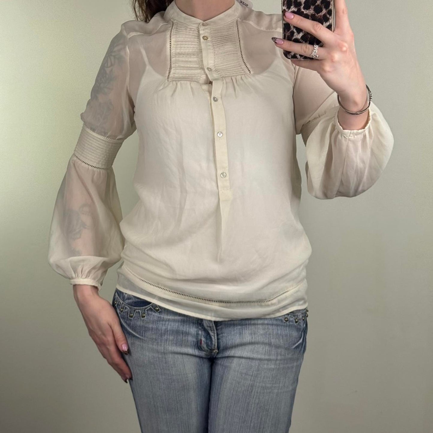 Y2K vintage blouse sheer long sleeve puff bell sleeve button up high neck boho