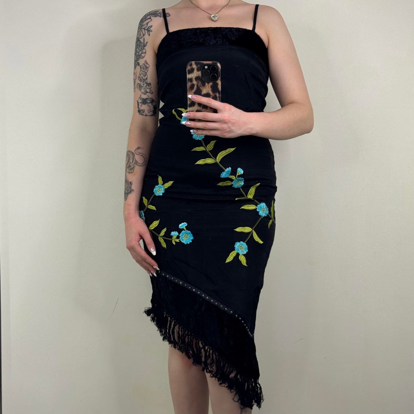 Y2K vintage midi dress asymmetrical floral embroidery fringe beaded velvet trim