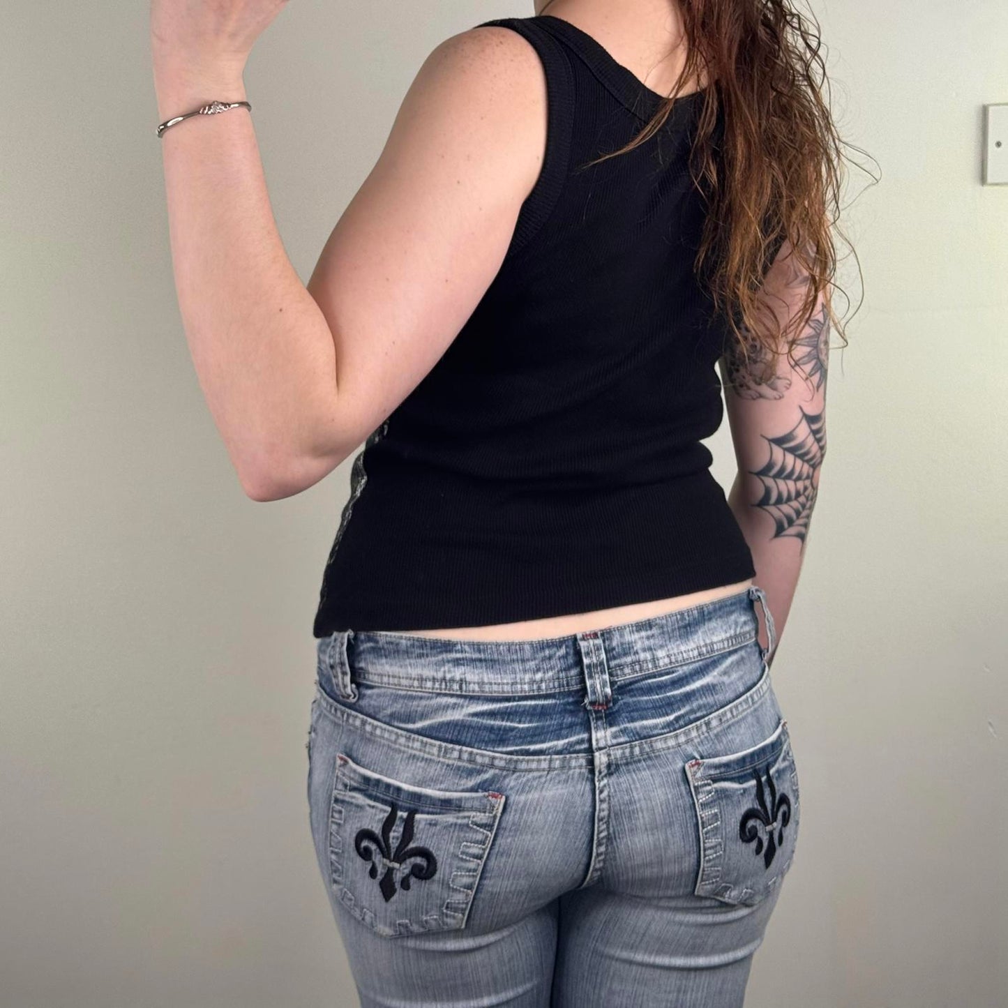Y2K vintage Bay tank top ribbed silver distressed paint print black archive