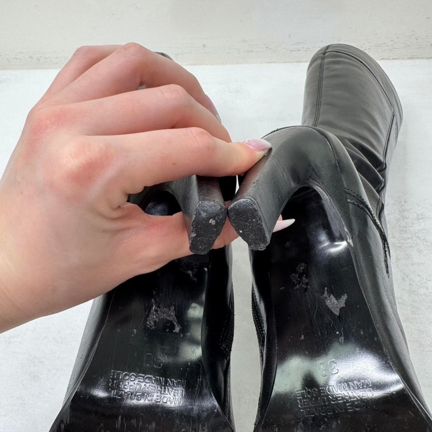 Y2K vintage genuine leather heeled boots square toe fitted block pointed black