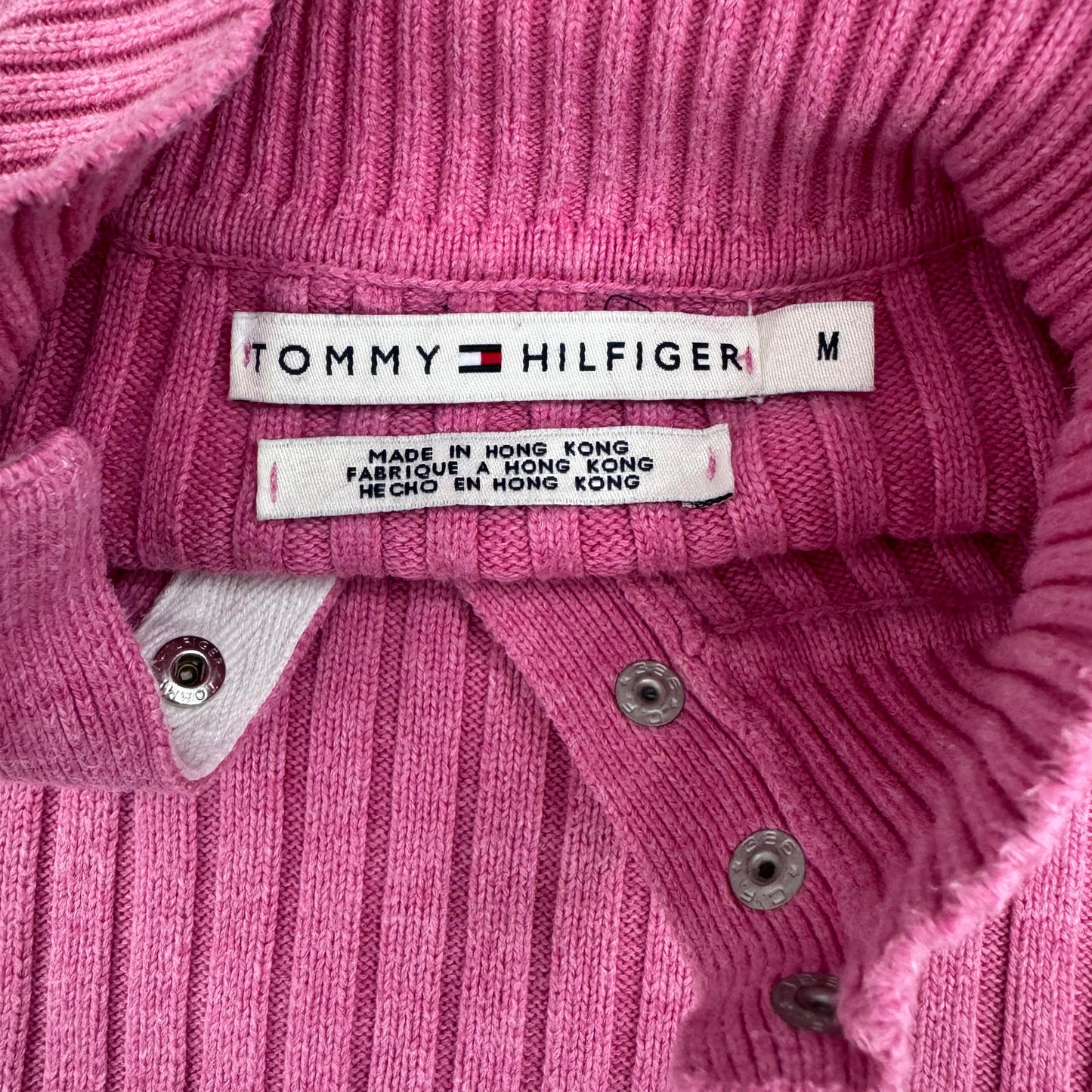 90s Y2K vintage Tommy Hilfiger jumper henley ribbed high neck pink white knit