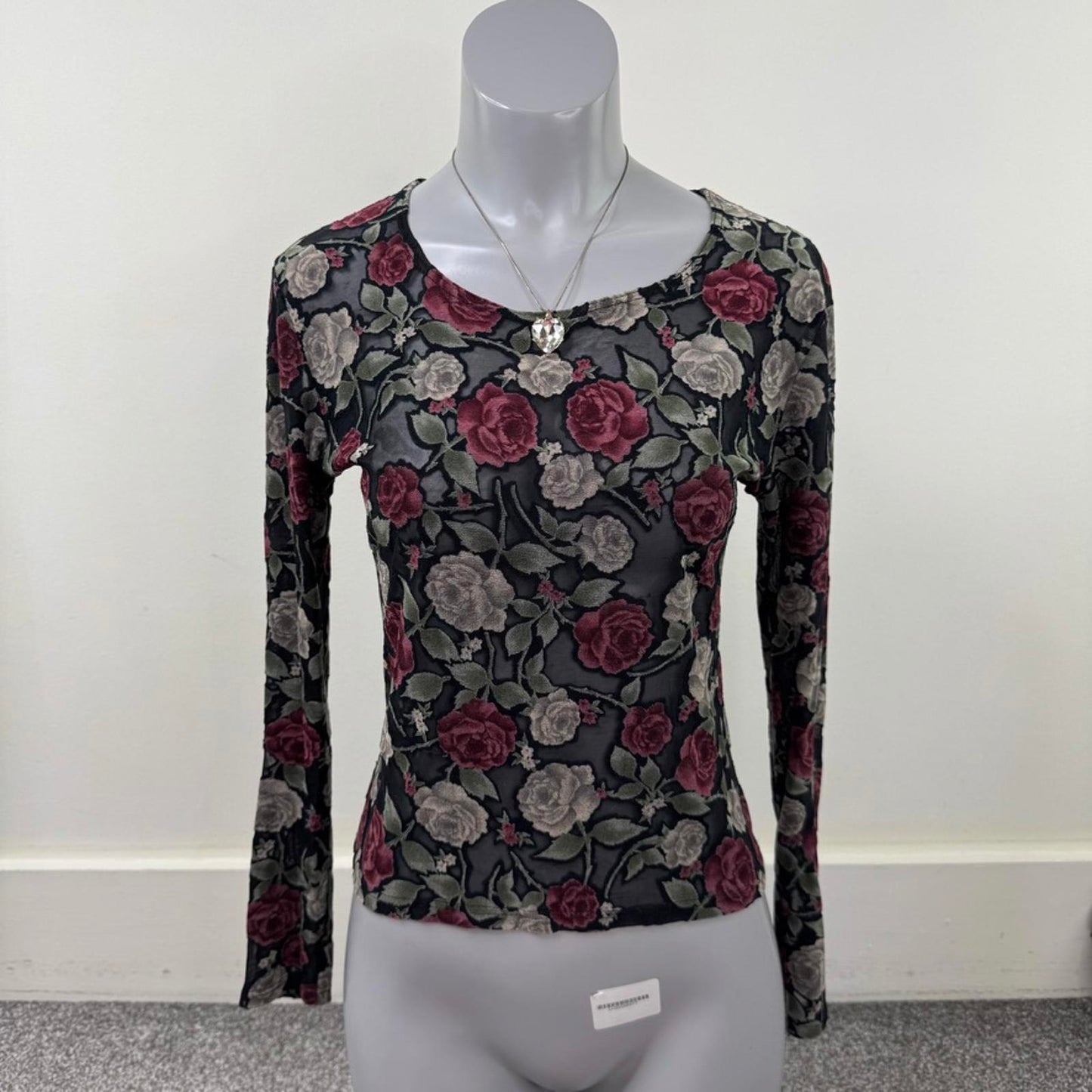 Y2K vintage mesh long sleeve top floral rose pattern sheer stretchy whimsigoth