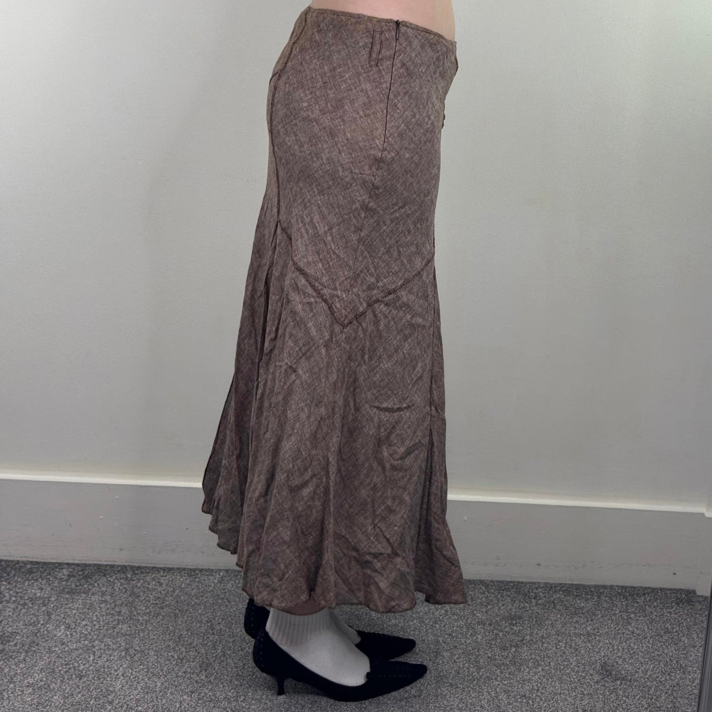 Y2K vintage linen blend maxi skirt a line light brown overlock stitch