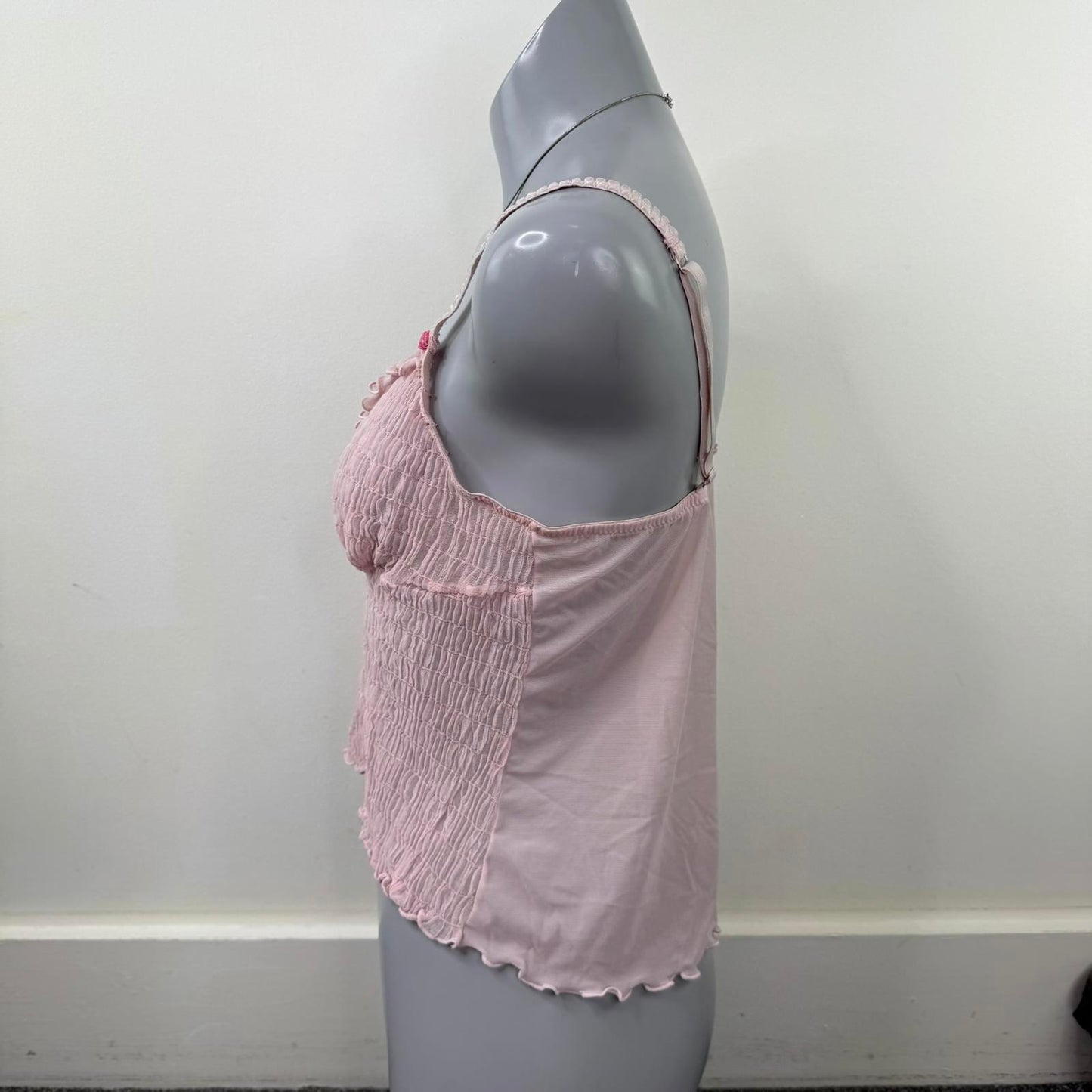 Y2K vintage mesh cami top crinkle rose baby pink lettuce hem cropped sheer