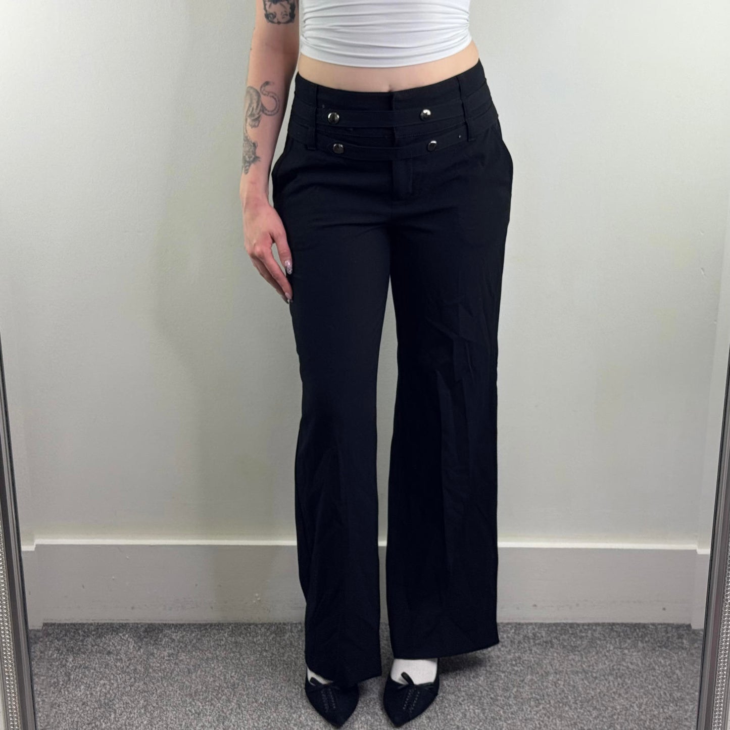 Y2K vintage mid rise tailored trousers popper buttons side pocket wide bootleg