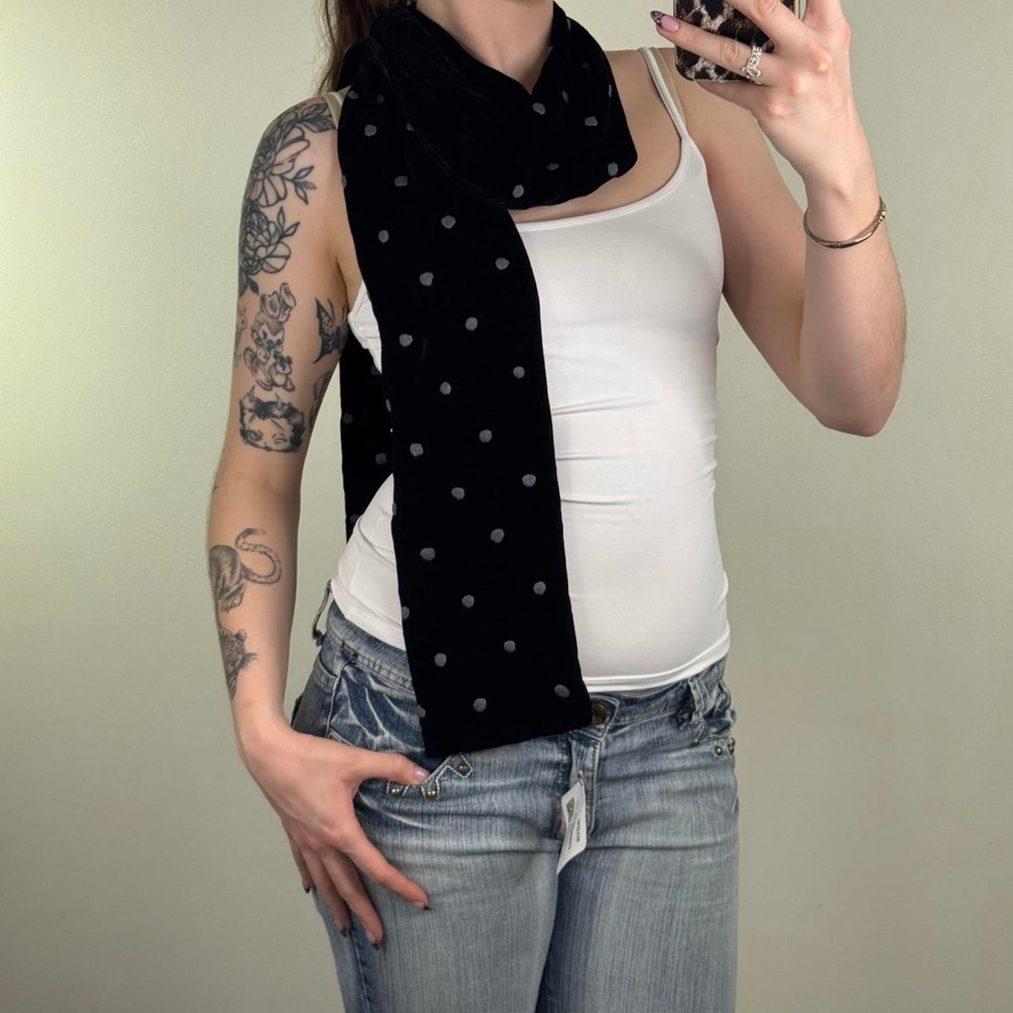 Y2K vintage polka dot scarf velour spotty black grey