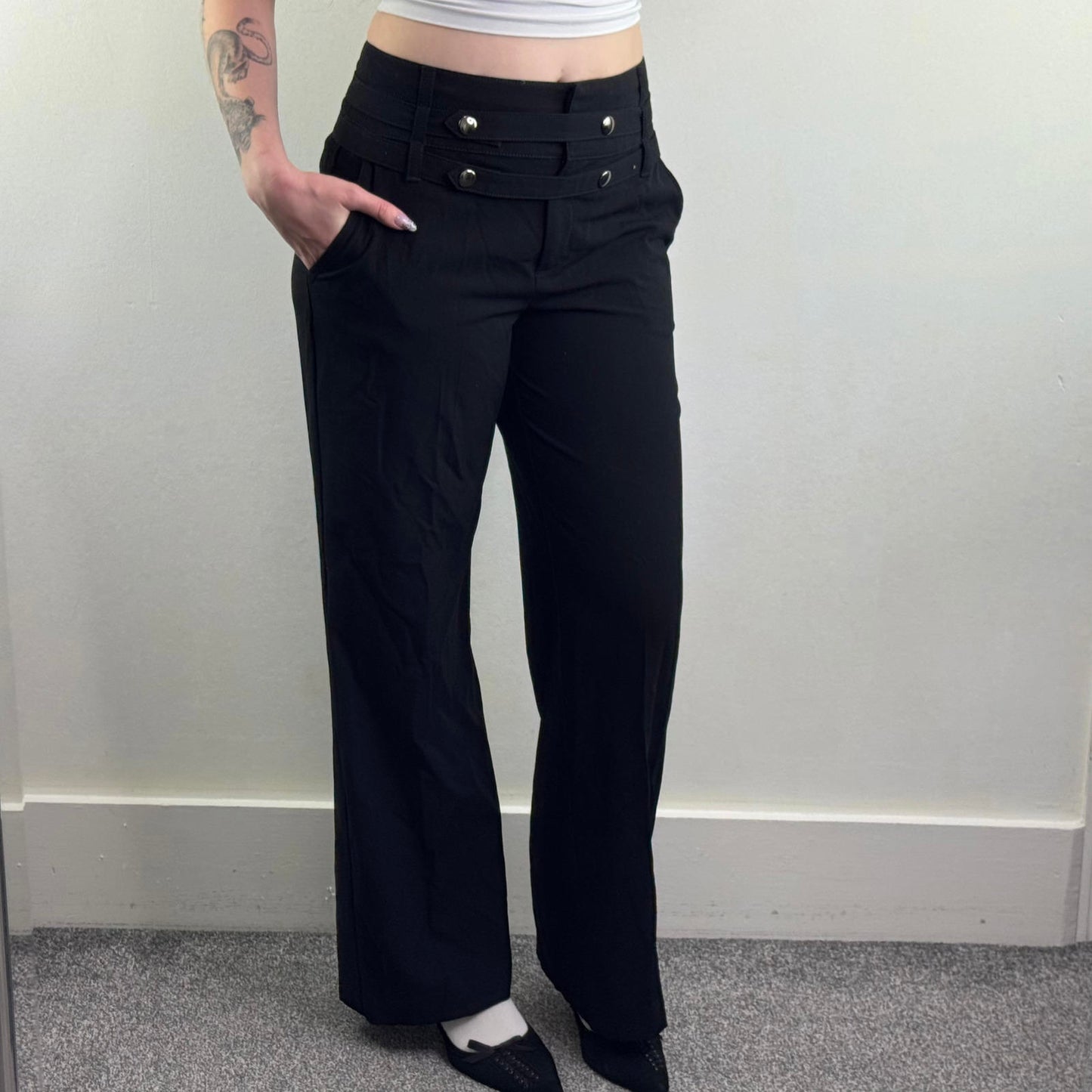 Y2K vintage mid rise tailored trousers popper buttons side pocket wide bootleg
