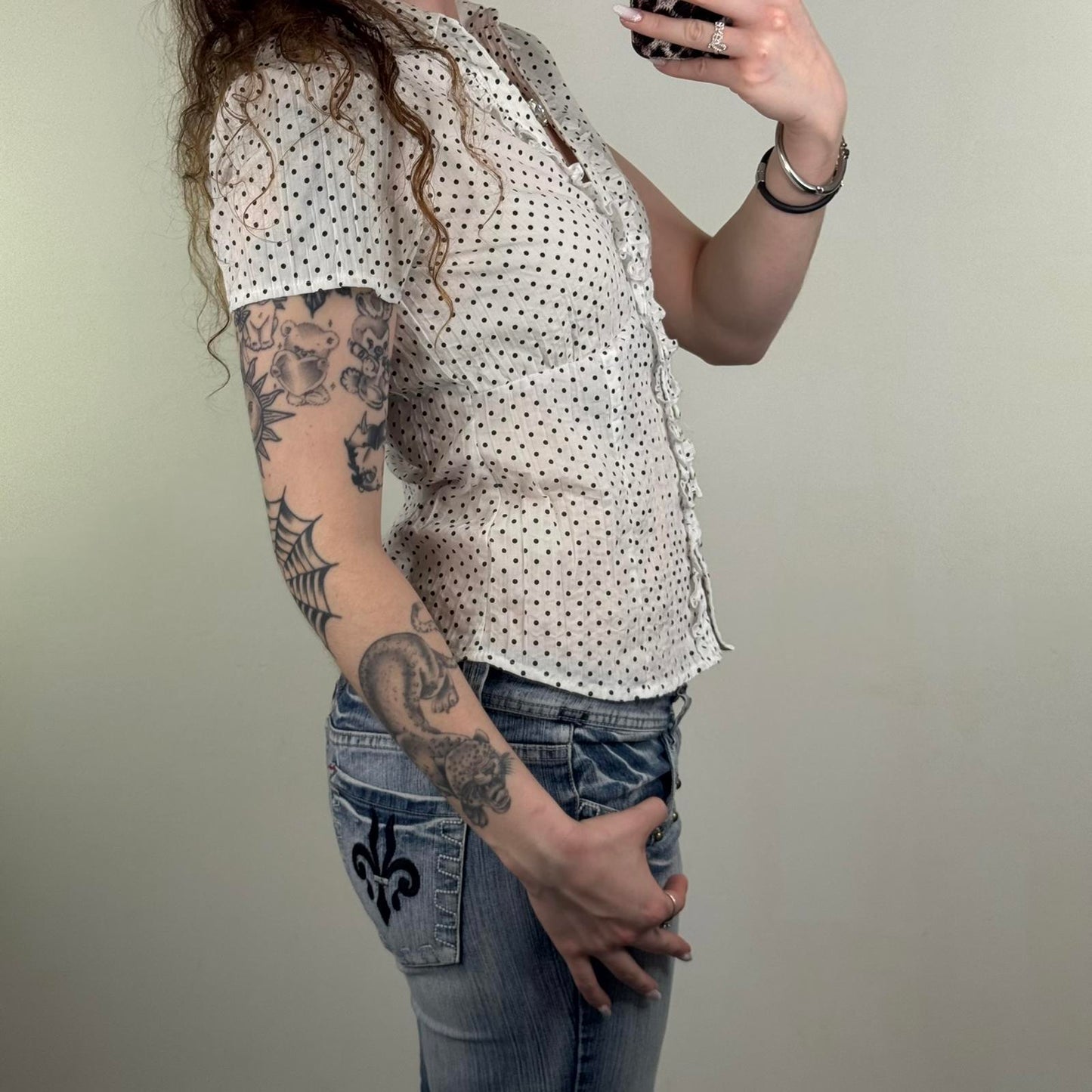 Y2K vintage polka dot blouse short sleeve ruffle v neck shirt black white spotty