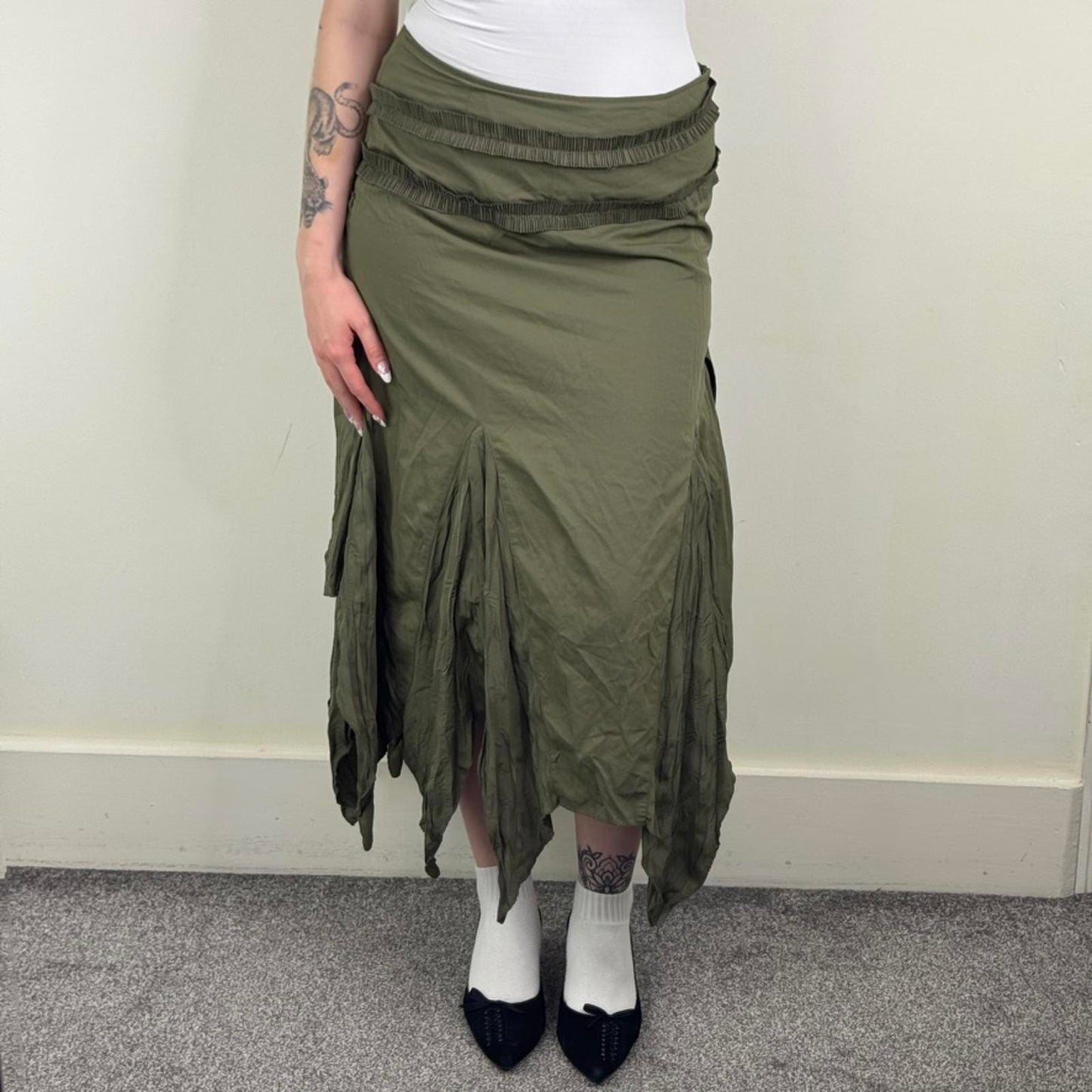 Y2K vintage maxi skirt asymmetrical ruffle khaki fairy whimsigoth layered