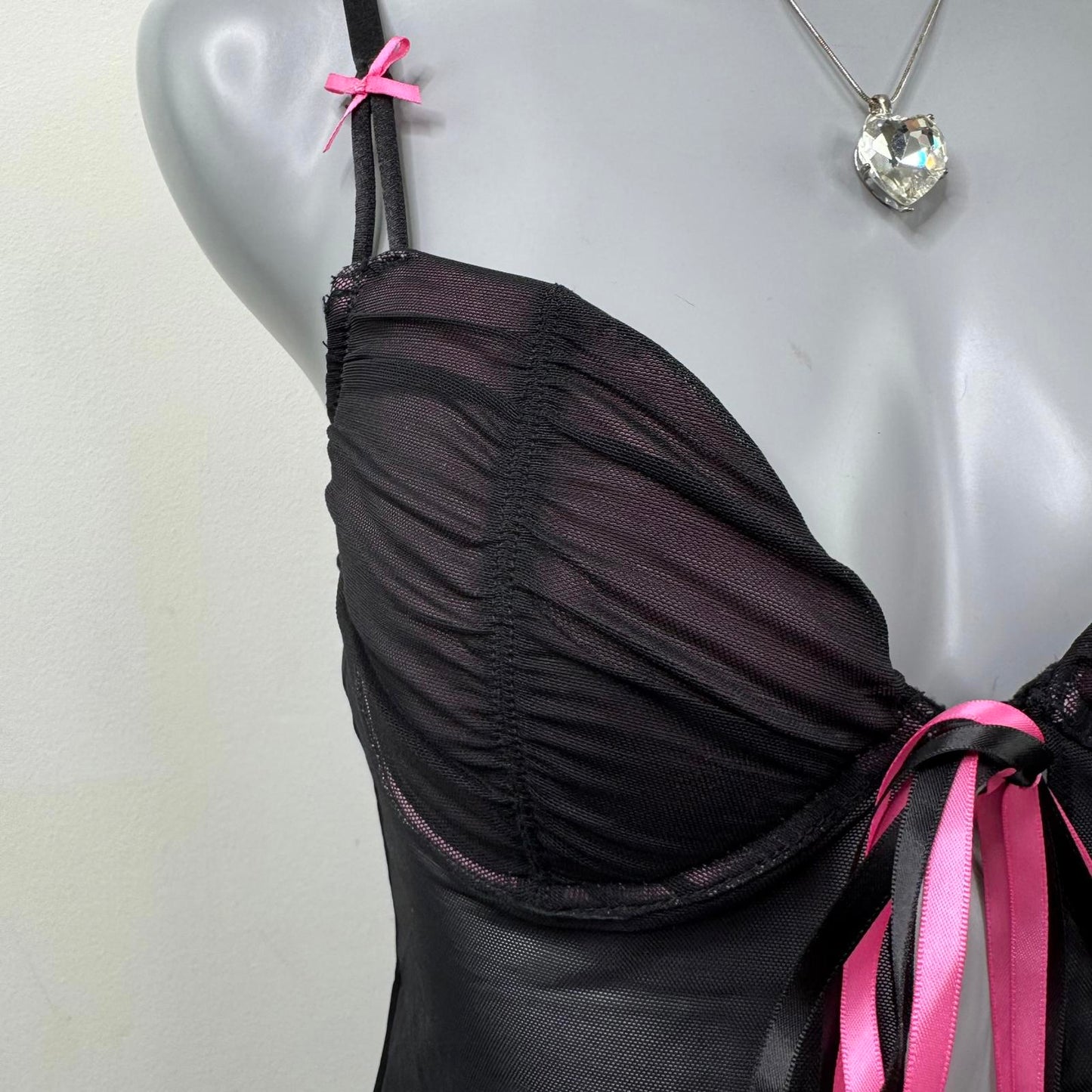 Y2K vintage mesh babydoll bow ruched underwire padded sheer pink black chemise