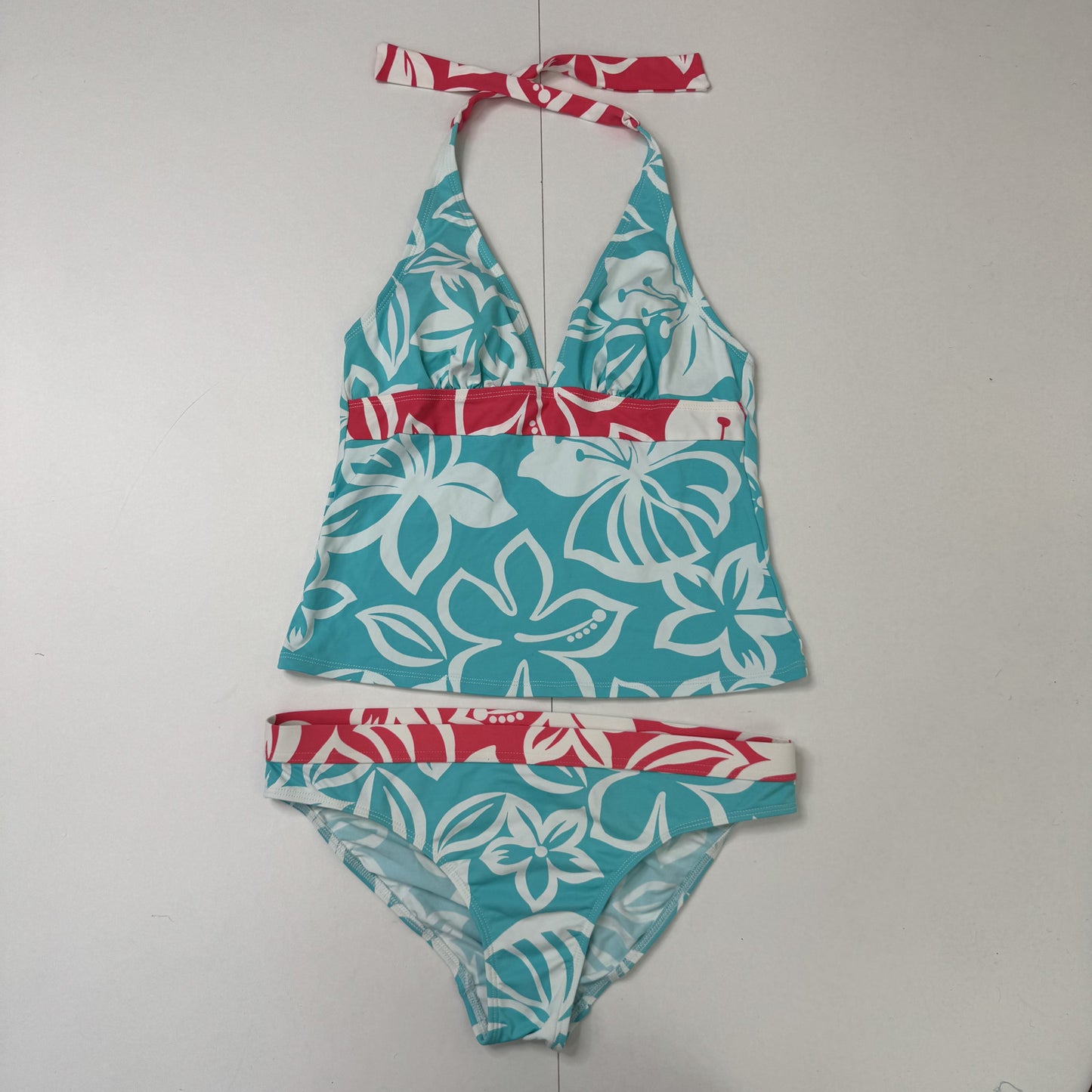 Y2K vintage tankini set matching halter neck floral turquoise pink white bow