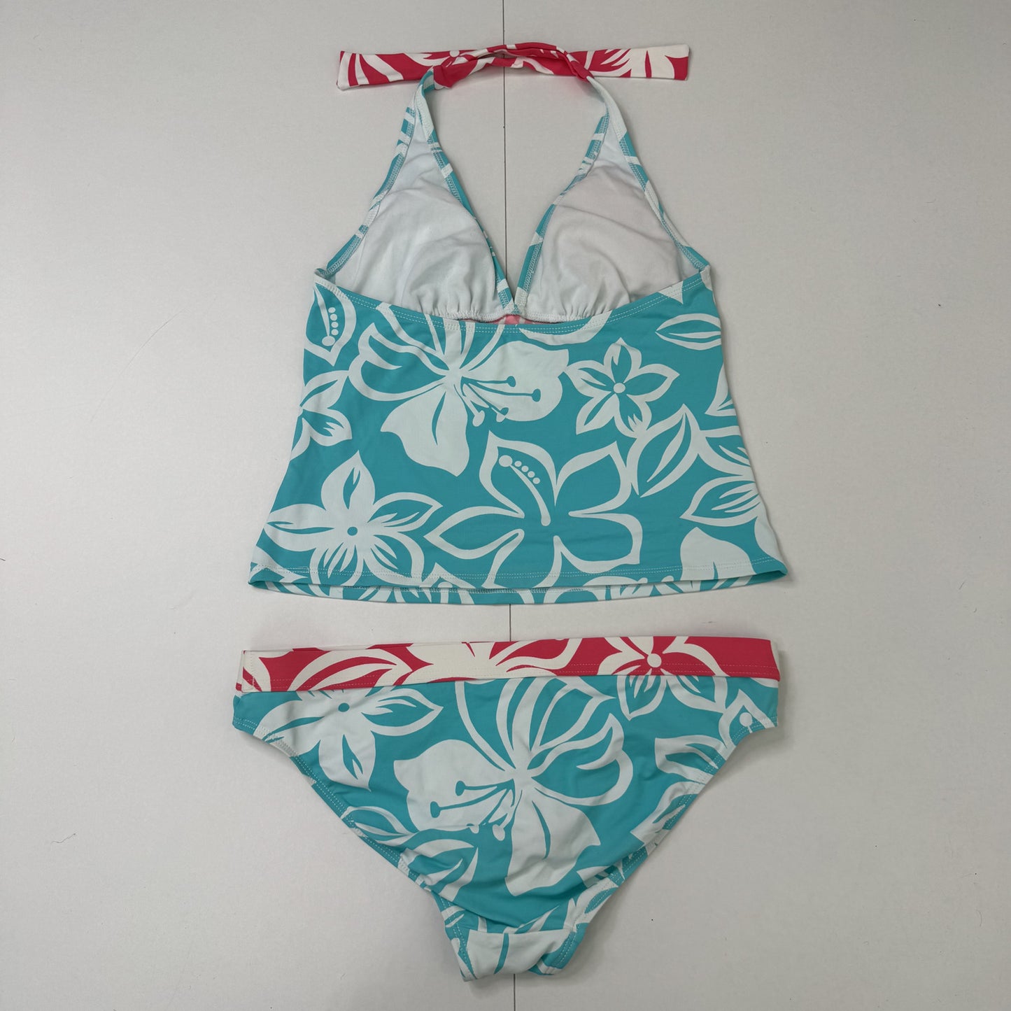 Y2K vintage tankini set matching halter neck floral turquoise pink white bow