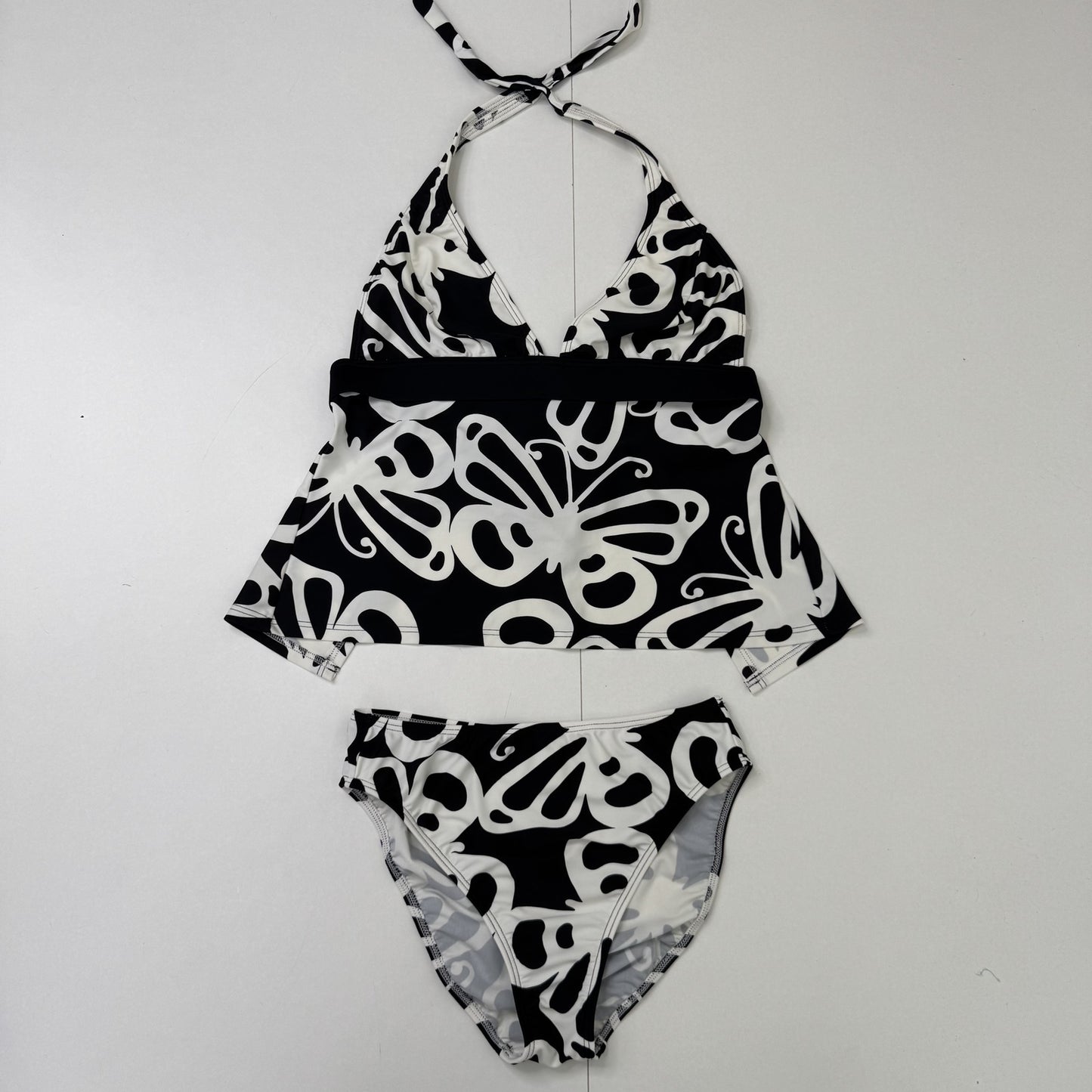 Y2K vintage tankini set butterfly print open back halter tie high leg bottoms