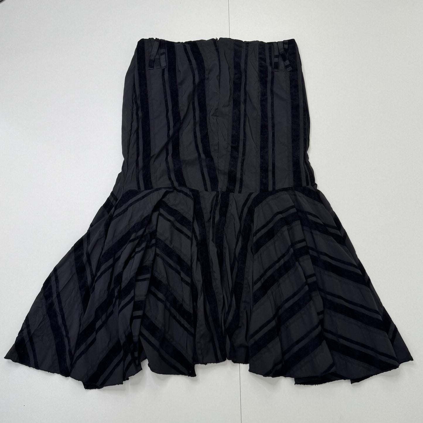 Y2K vintage maxi skirt stripe bow asymmetrical ruched velvet trim goth alt emo