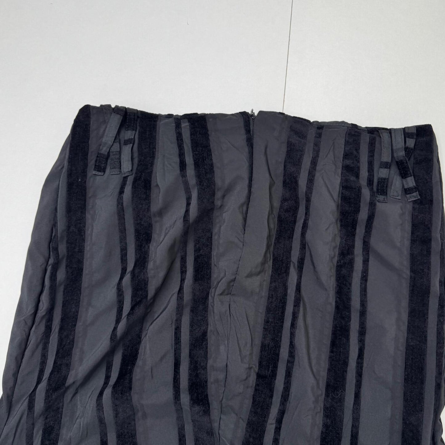 Y2K vintage maxi skirt stripe bow asymmetrical ruched velvet trim goth alt emo