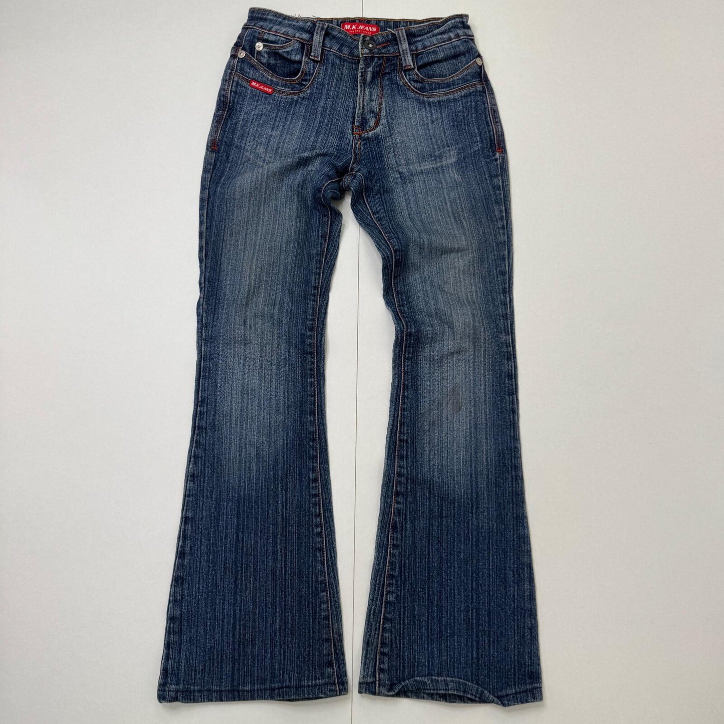 Y2K vintage bootcut denim jeans stretchy cargo pockets contrast stitch faded mid