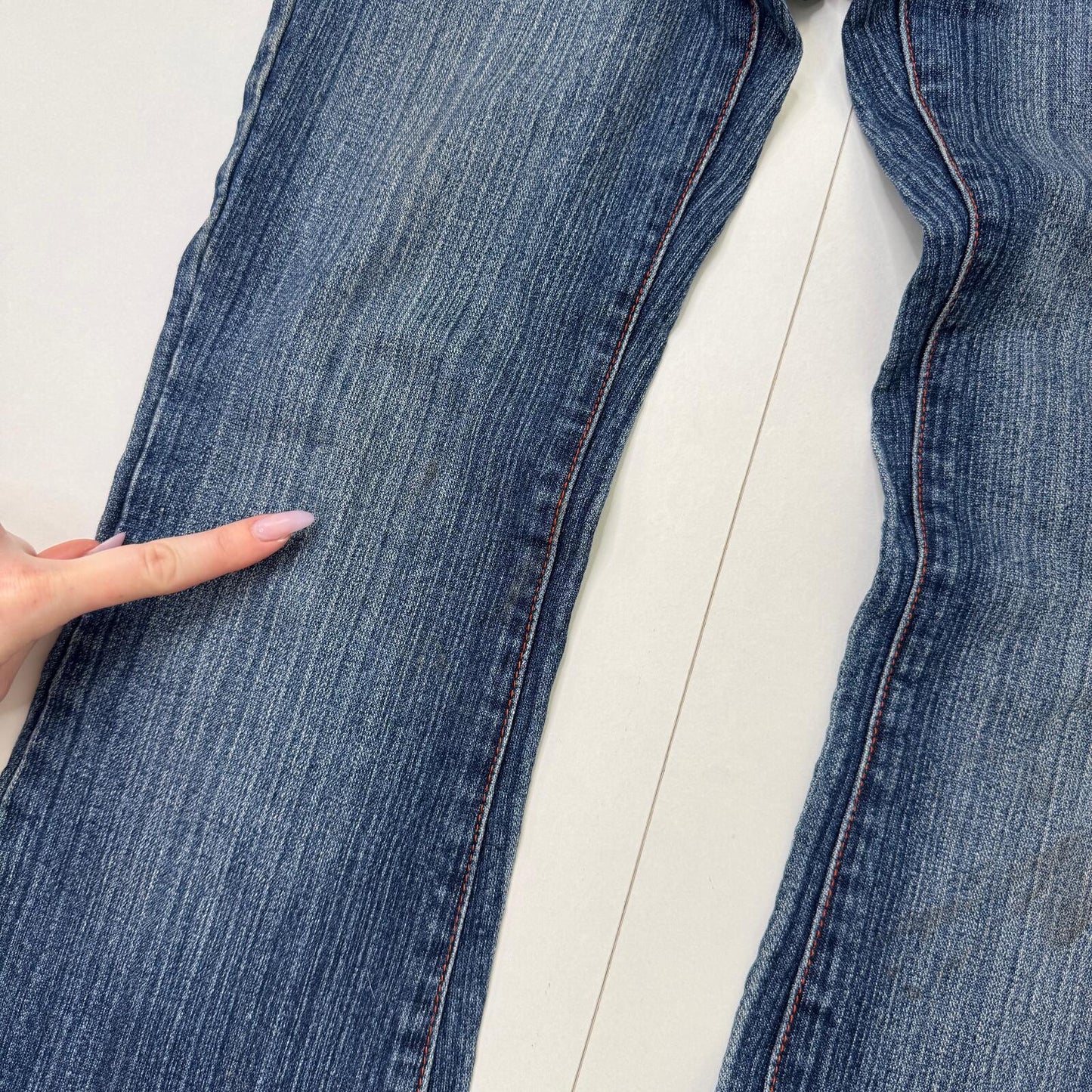 Y2K vintage bootcut denim jeans stretchy cargo pockets contrast stitch faded mid