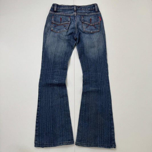 Y2K vintage bootcut denim jeans stretchy cargo pockets contrast stitch faded mid