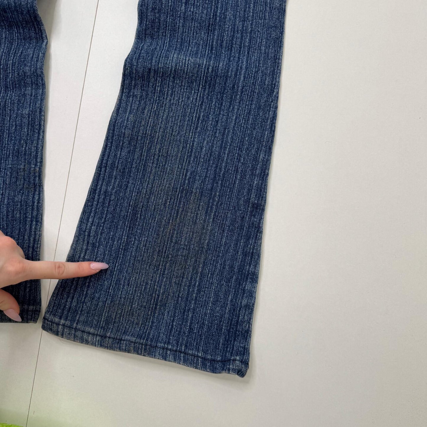 Y2K vintage bootcut denim jeans stretchy cargo pockets contrast stitch faded mid