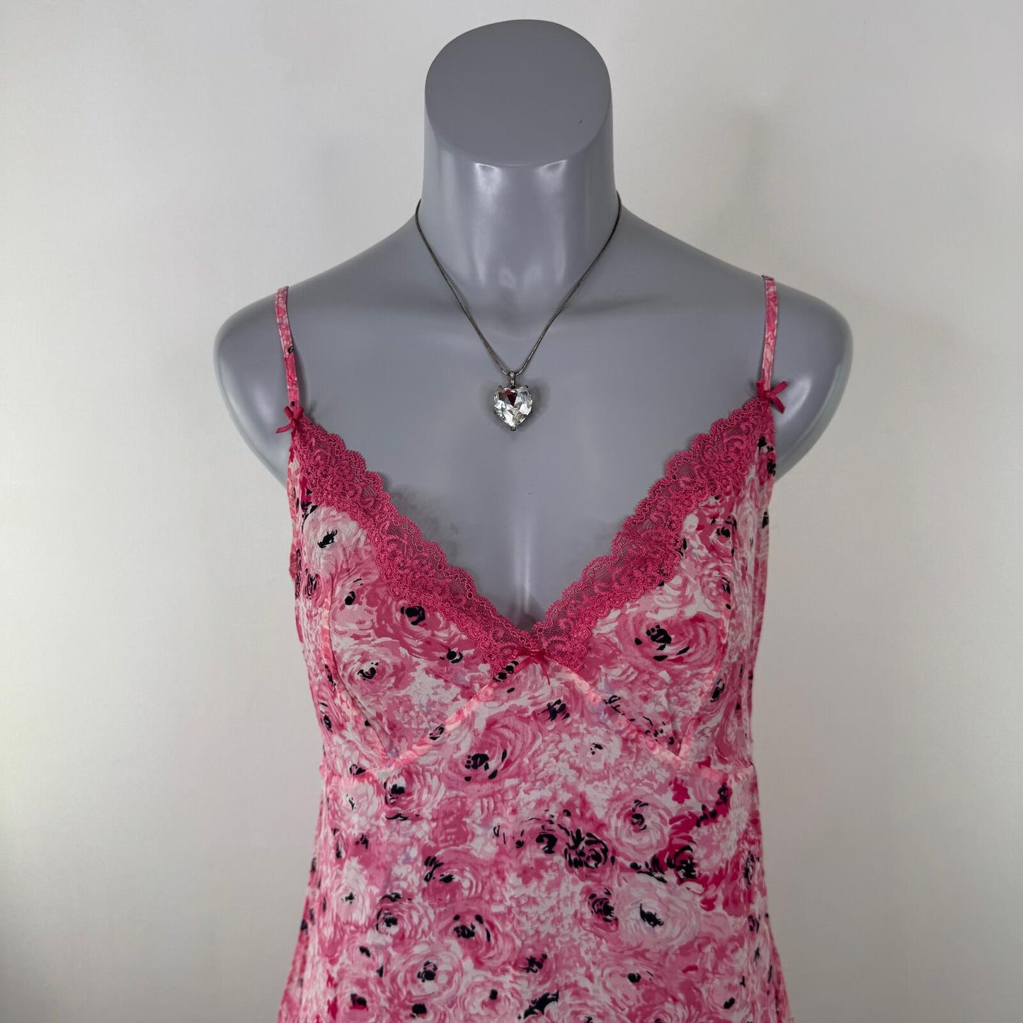 Y2K vintage silk chemise night dress floral mini short stretchy lace trim bow