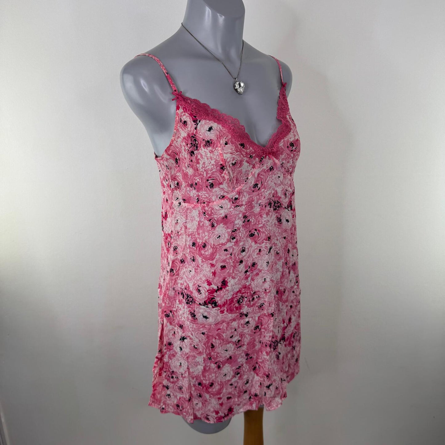 Y2K vintage silk chemise night dress floral mini short stretchy lace trim bow