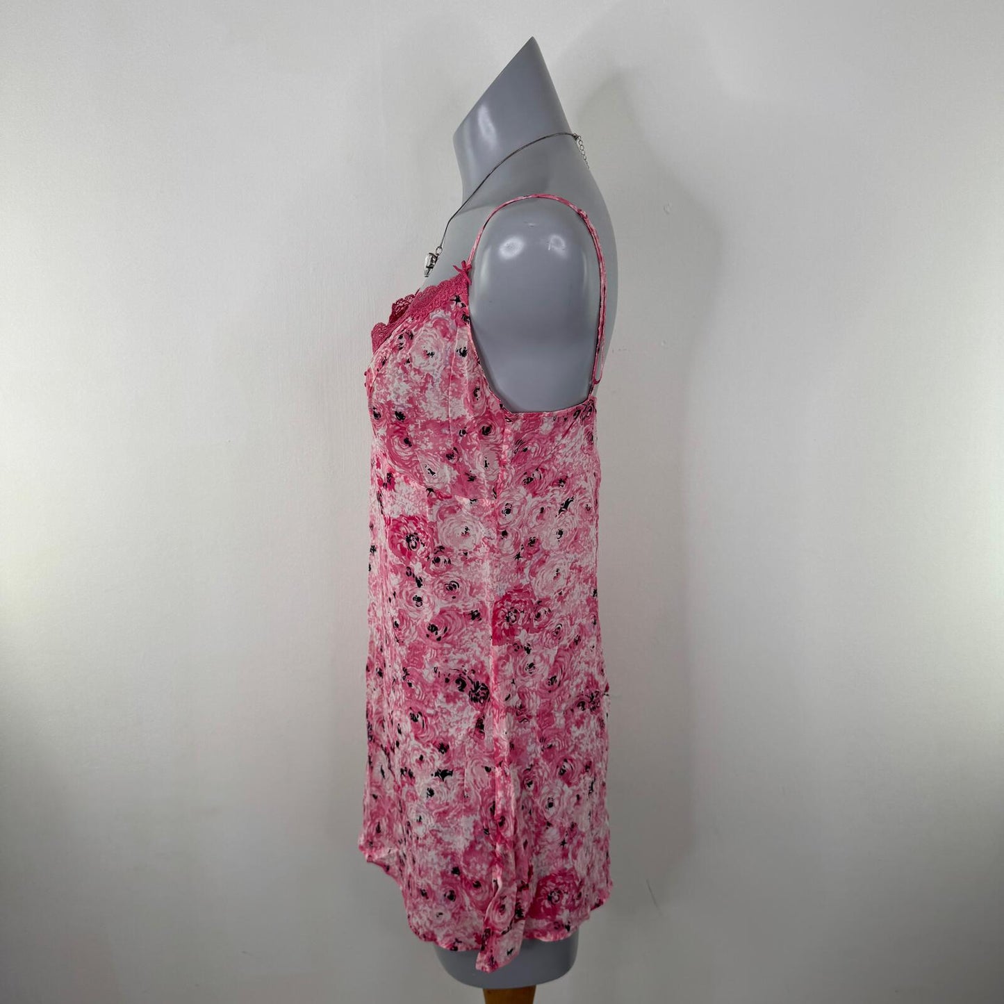Y2K vintage silk chemise night dress floral mini short stretchy lace trim bow