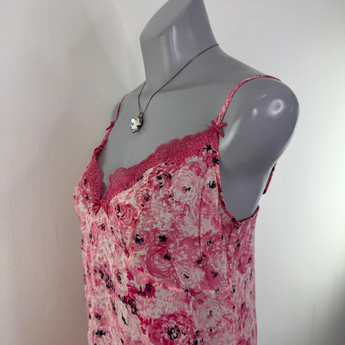 Y2K vintage silk chemise night dress floral mini short stretchy lace trim bow