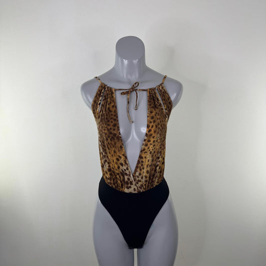Y2K vintage Morgan De Toi bodysuit leopard print open bust thong bow high leg