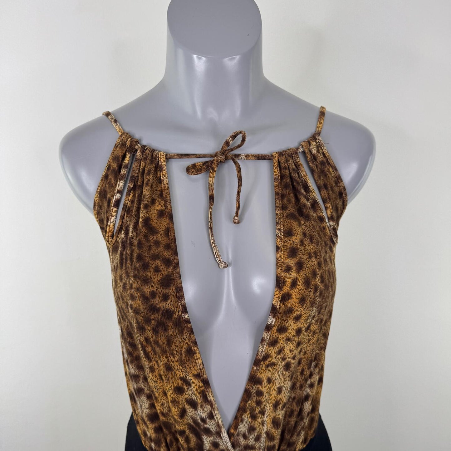 Y2K vintage Morgan De Toi bodysuit leopard print open bust thong bow high leg