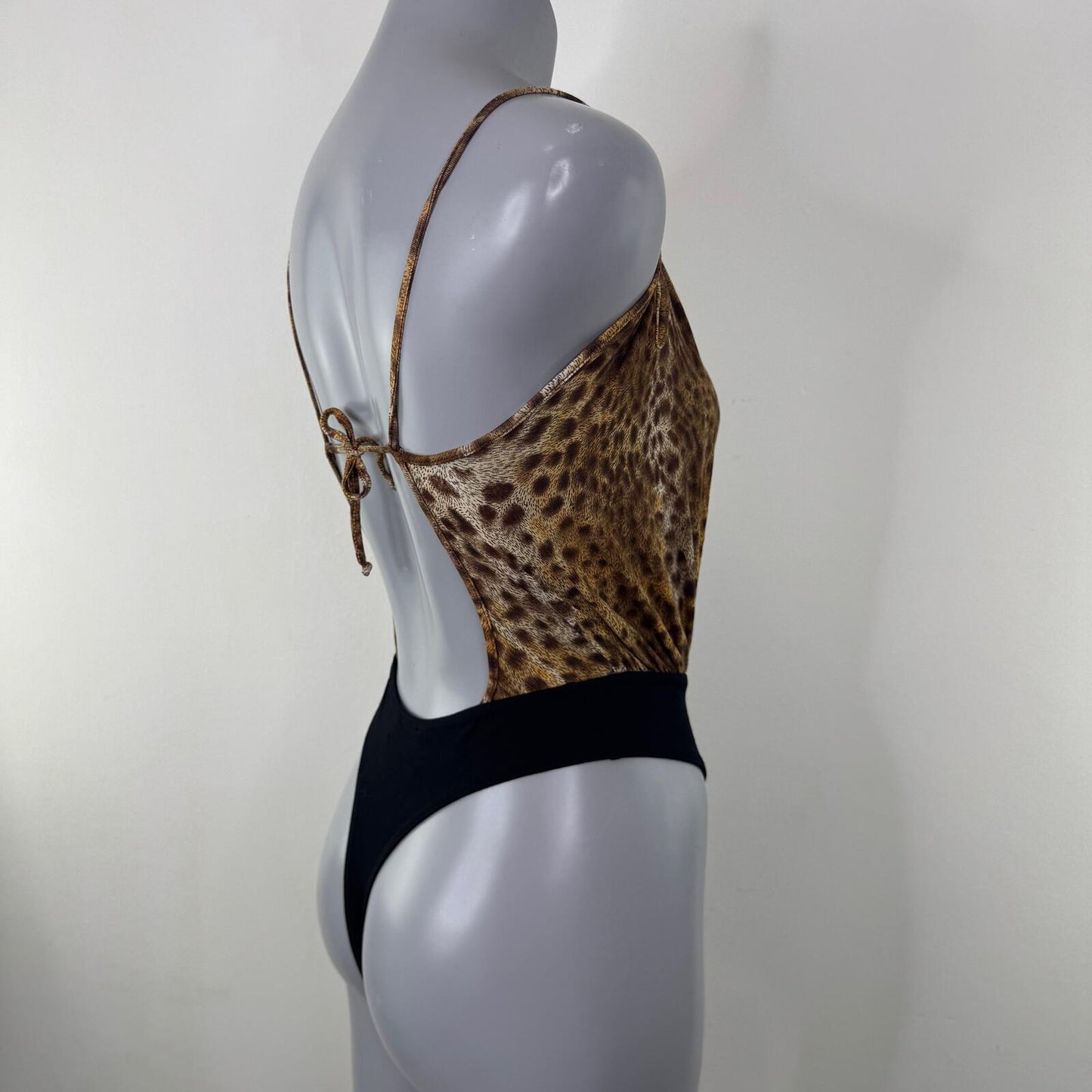 Y2K vintage Morgan De Toi bodysuit leopard print open bust thong bow high leg