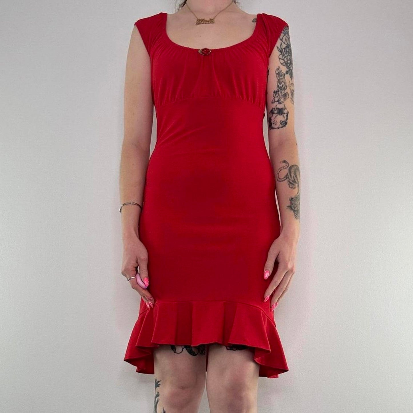 Y2K vintage slinky midi dress milkmaid rose cap sleeve frilly stretchy floral