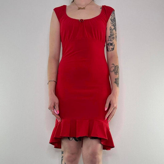 Y2K vintage slinky midi dress milkmaid rose cap sleeve frilly stretchy floral