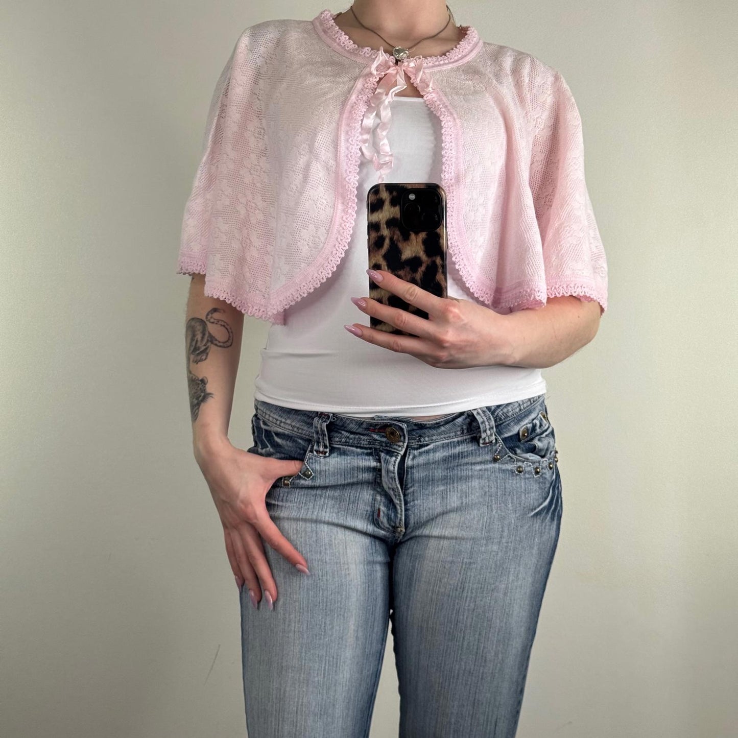 Y2K vintage cap cardigan baby pink bow floral knit pattern cropped cover up
