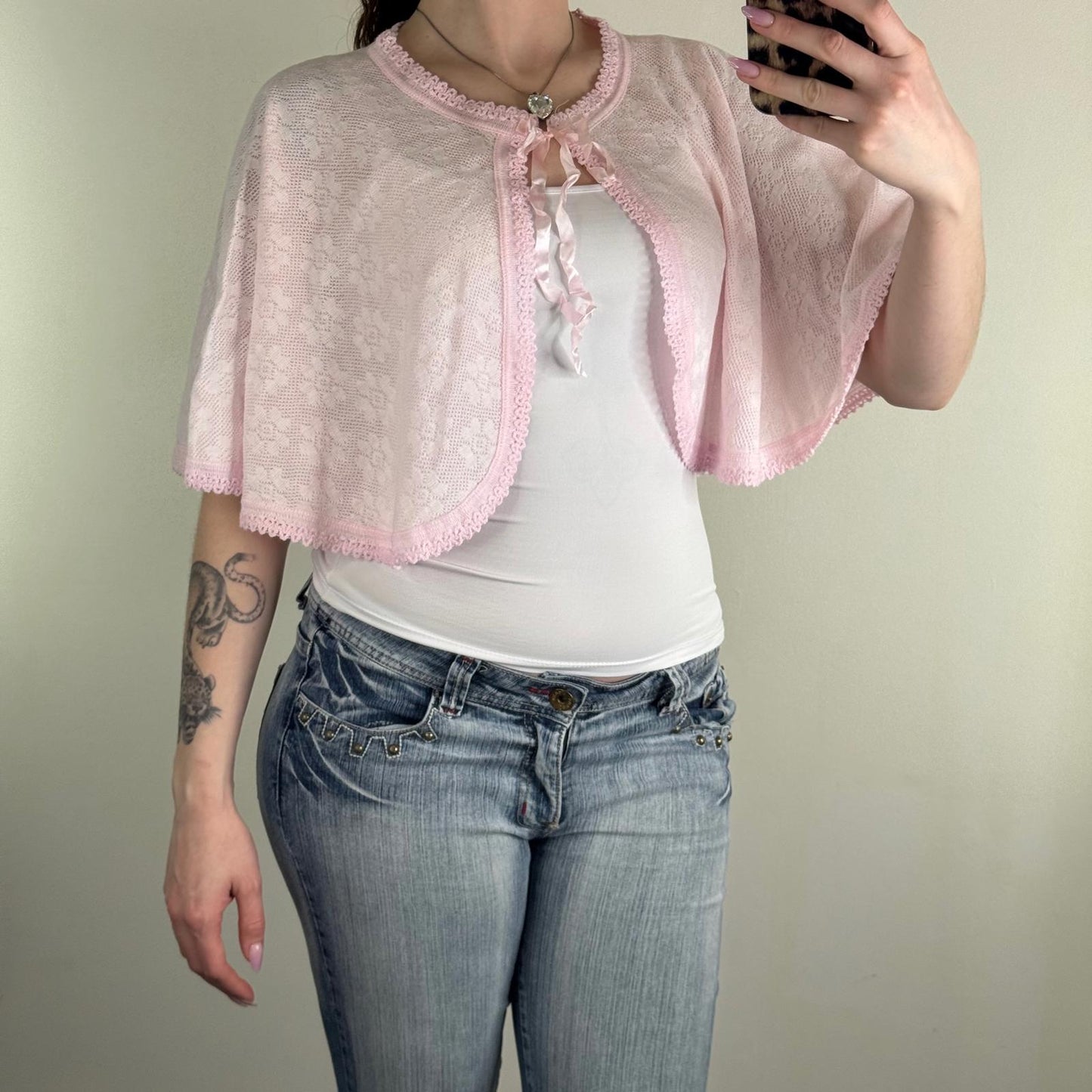 Y2K vintage cap cardigan baby pink bow floral knit pattern cropped cover up