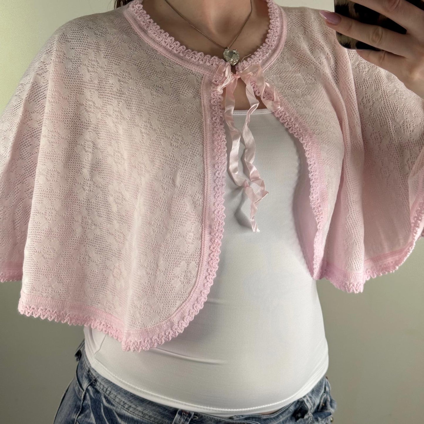 Y2K vintage cap cardigan baby pink bow floral knit pattern cropped cover up