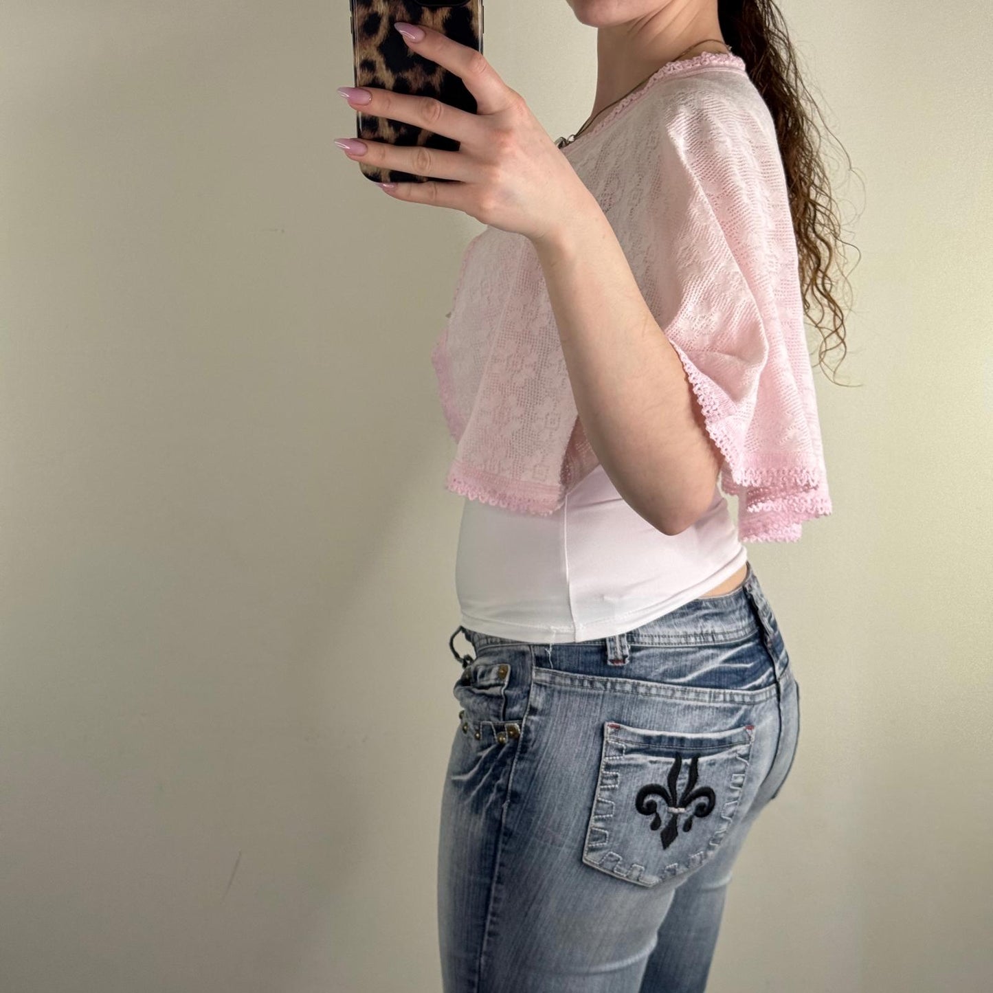 Y2K vintage cap cardigan baby pink bow floral knit pattern cropped cover up