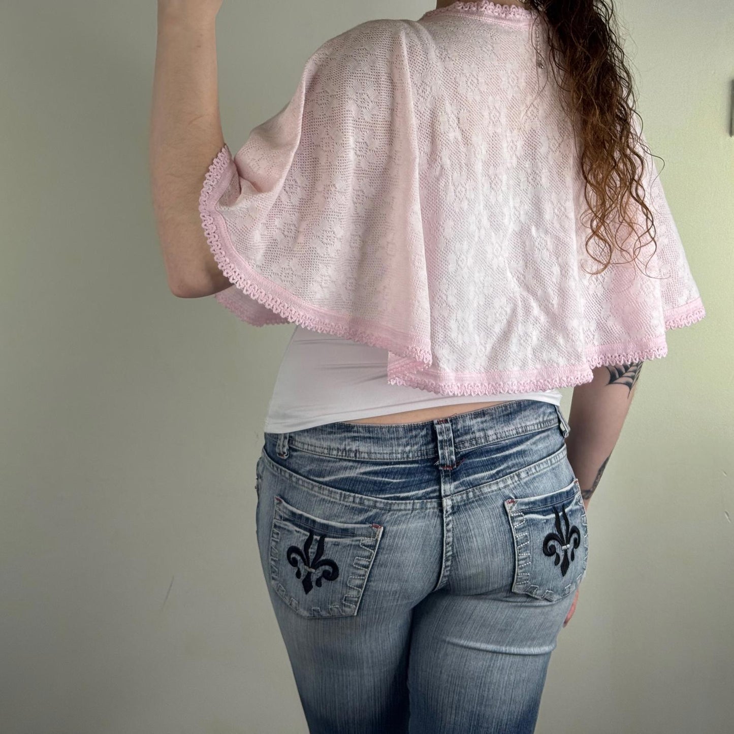 Y2K vintage cap cardigan baby pink bow floral knit pattern cropped cover up