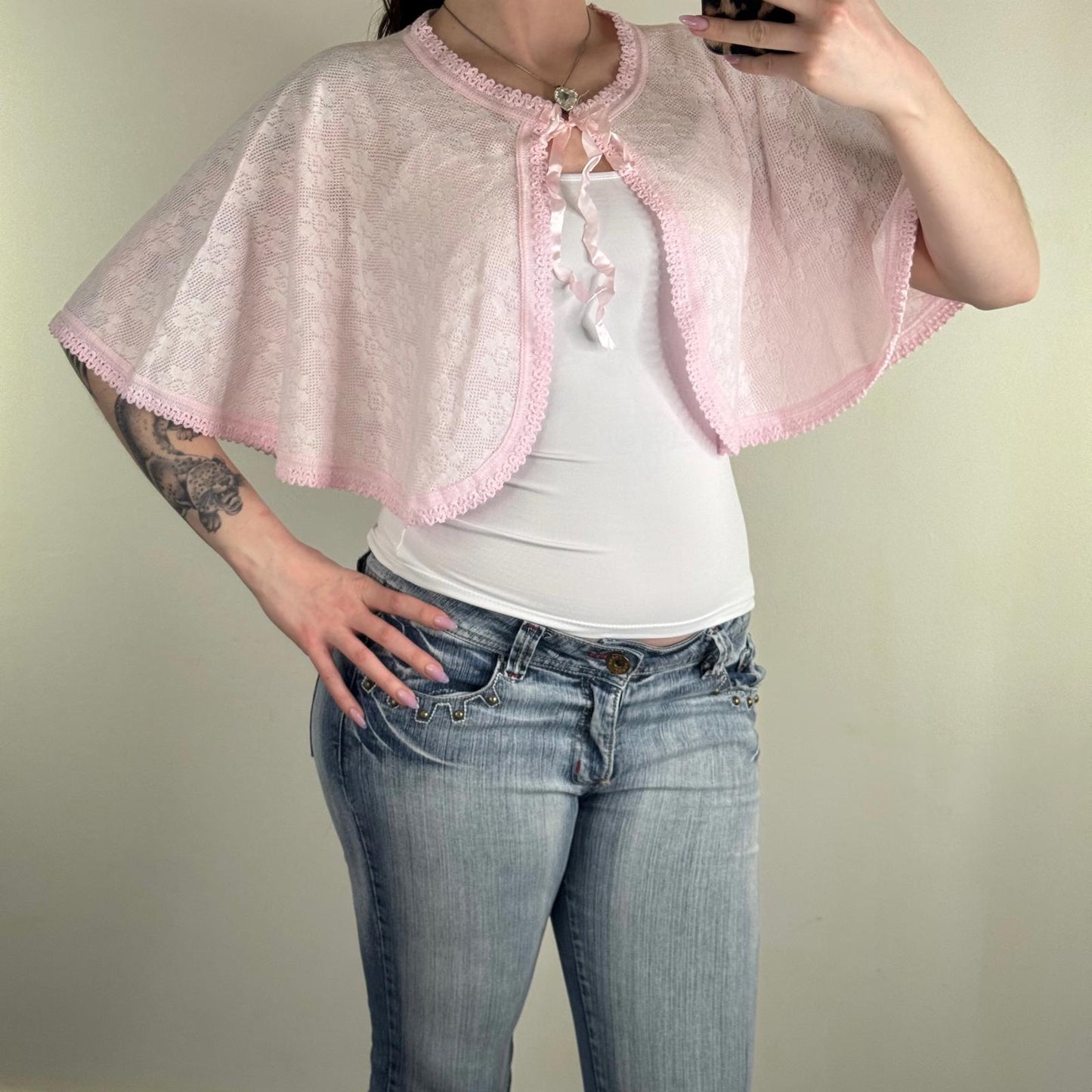 Y2K vintage cap cardigan baby pink bow floral knit pattern cropped cover up
