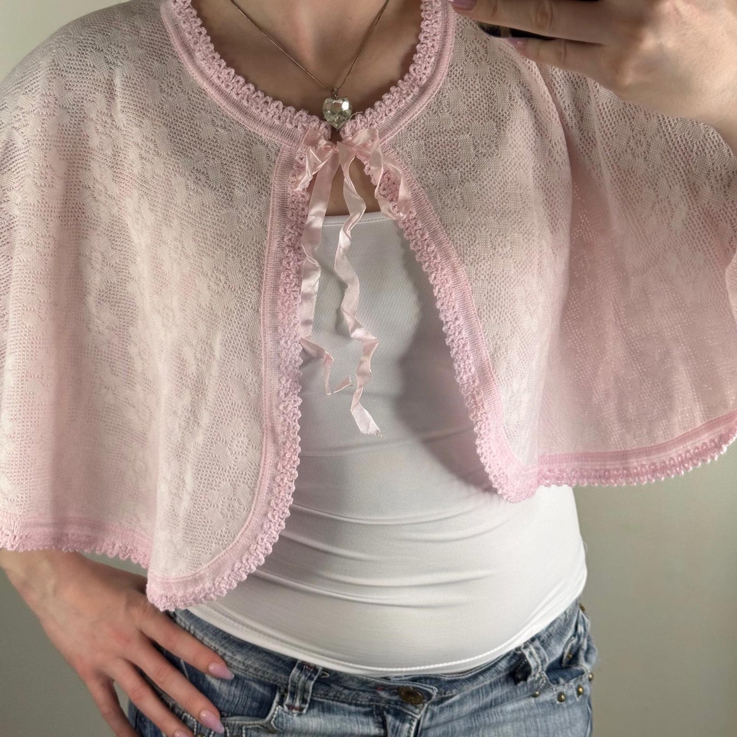 Y2K vintage cap cardigan baby pink bow floral knit pattern cropped cover up