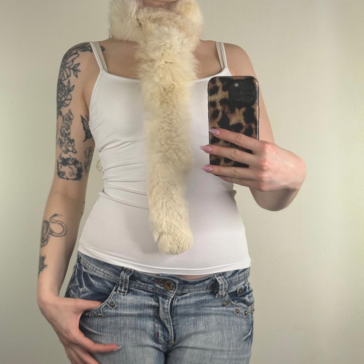 Y2K vintage genuine fur scarf cream fluffy