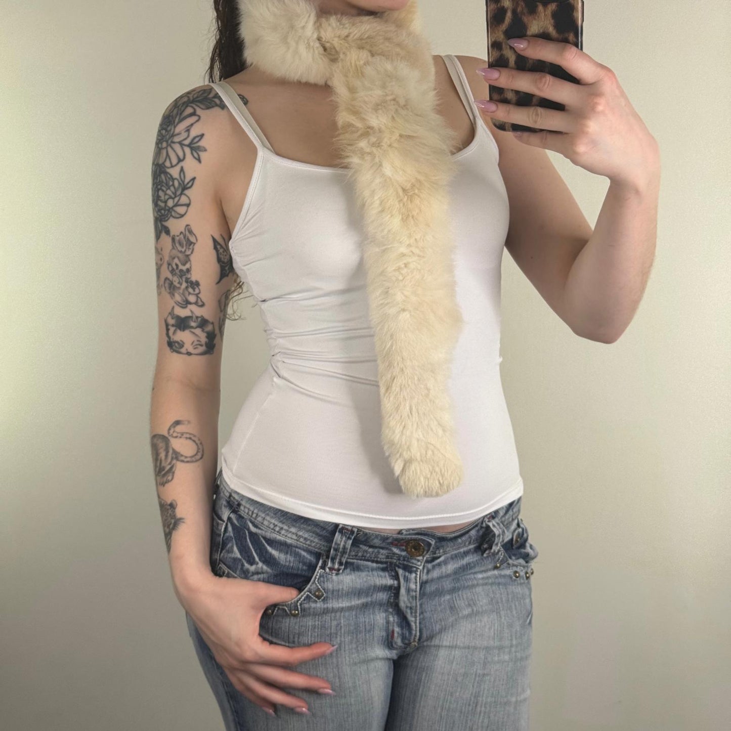 Y2K vintage genuine fur scarf cream fluffy