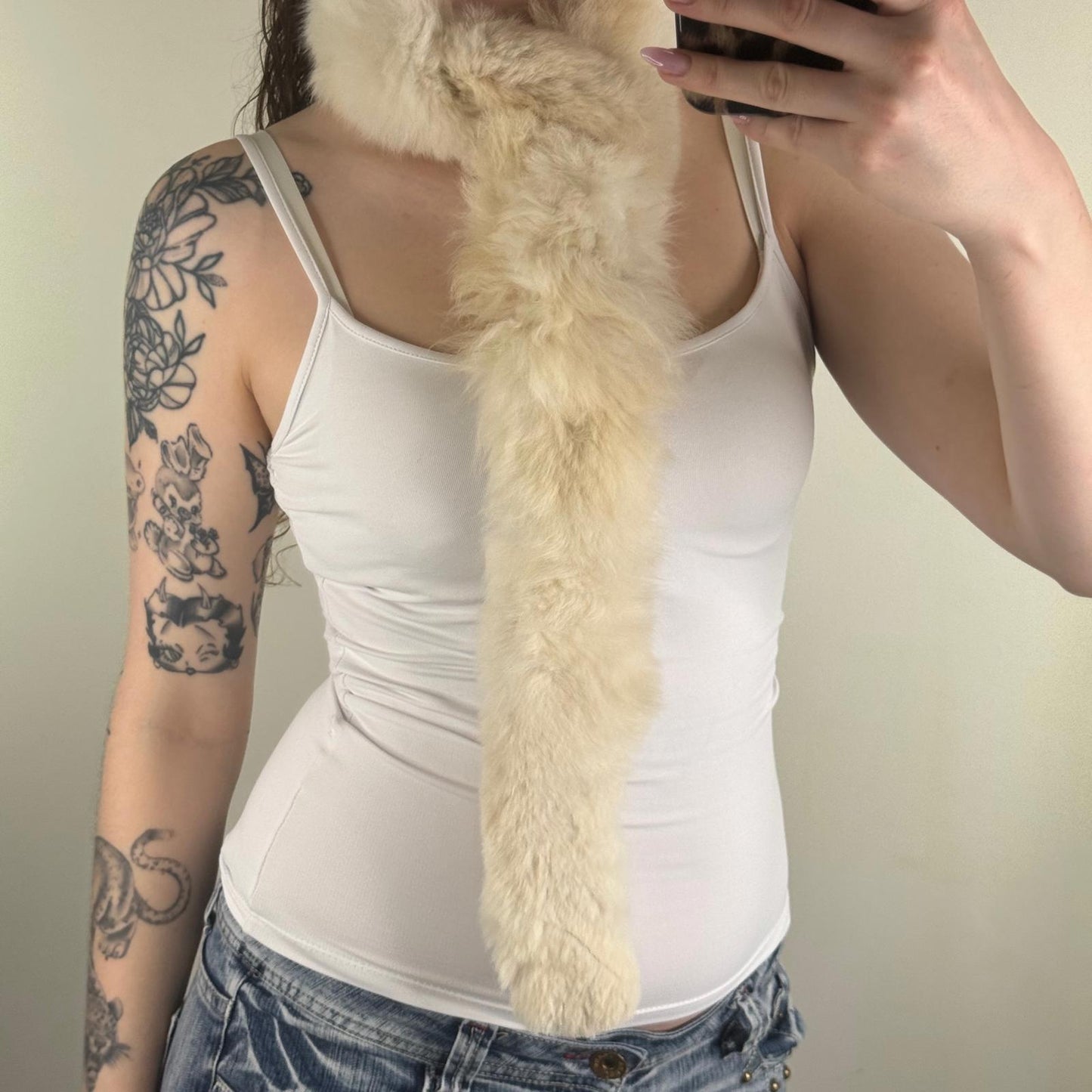 Y2K vintage genuine fur scarf cream fluffy