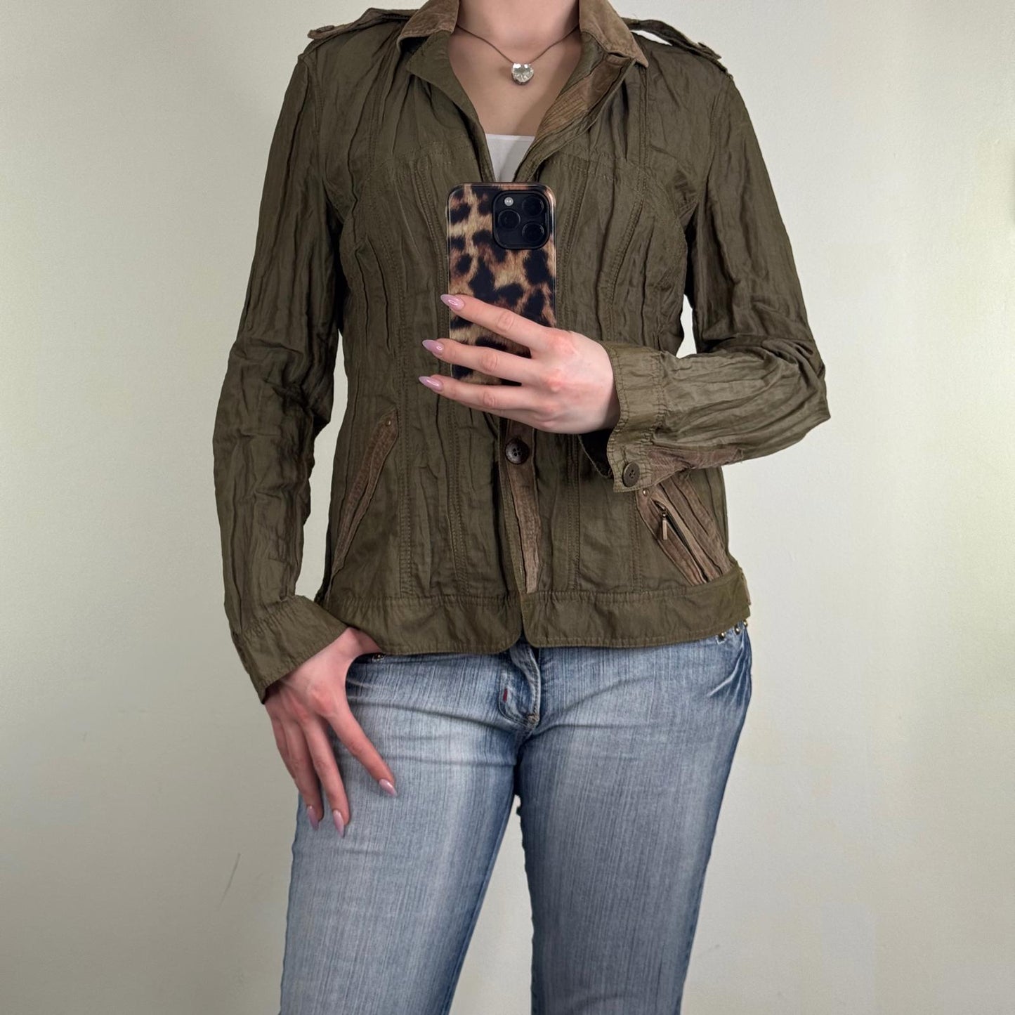 Y2K vintage blazer jacket lightweight khaki cargo v neck spring short length
