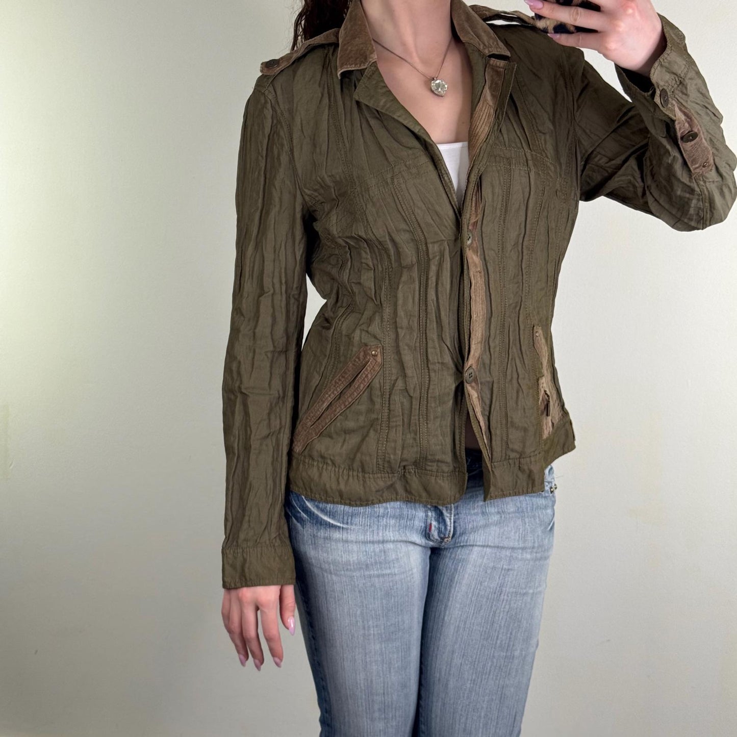 Y2K vintage blazer jacket lightweight khaki cargo v neck spring short length