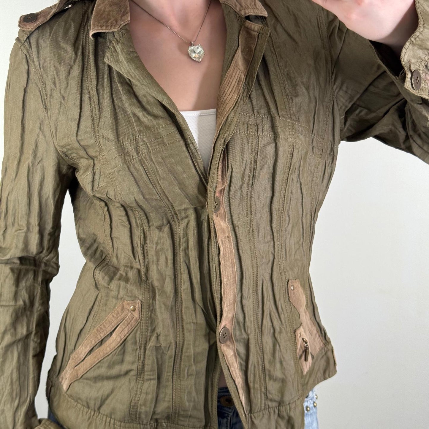 Y2K vintage blazer jacket lightweight khaki cargo v neck spring short length