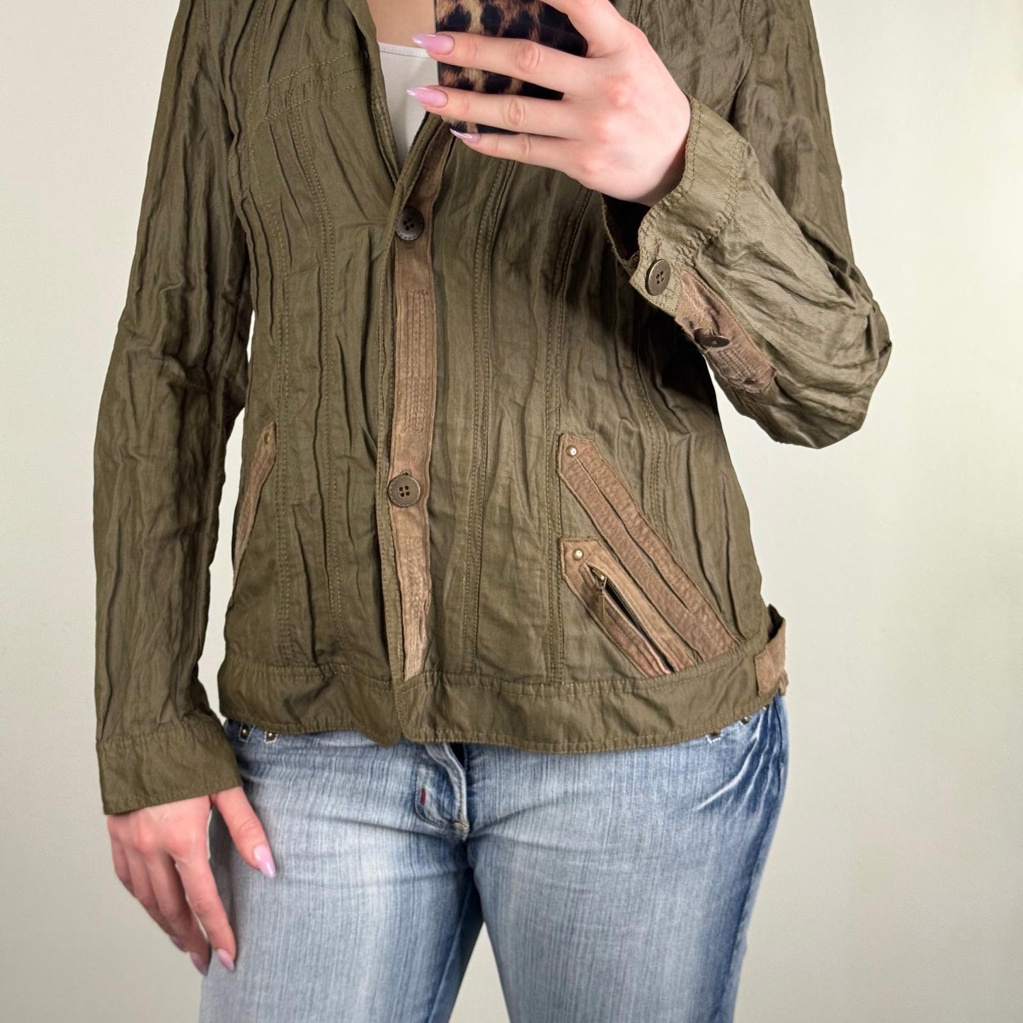 Y2K vintage blazer jacket lightweight khaki cargo v neck spring short length