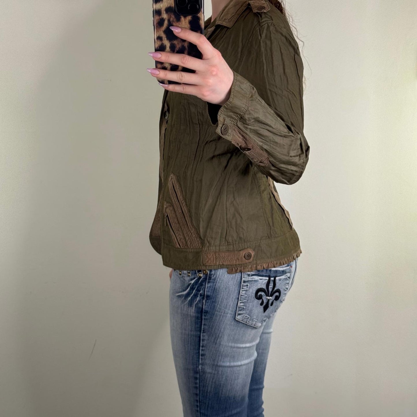 Y2K vintage blazer jacket lightweight khaki cargo v neck spring short length