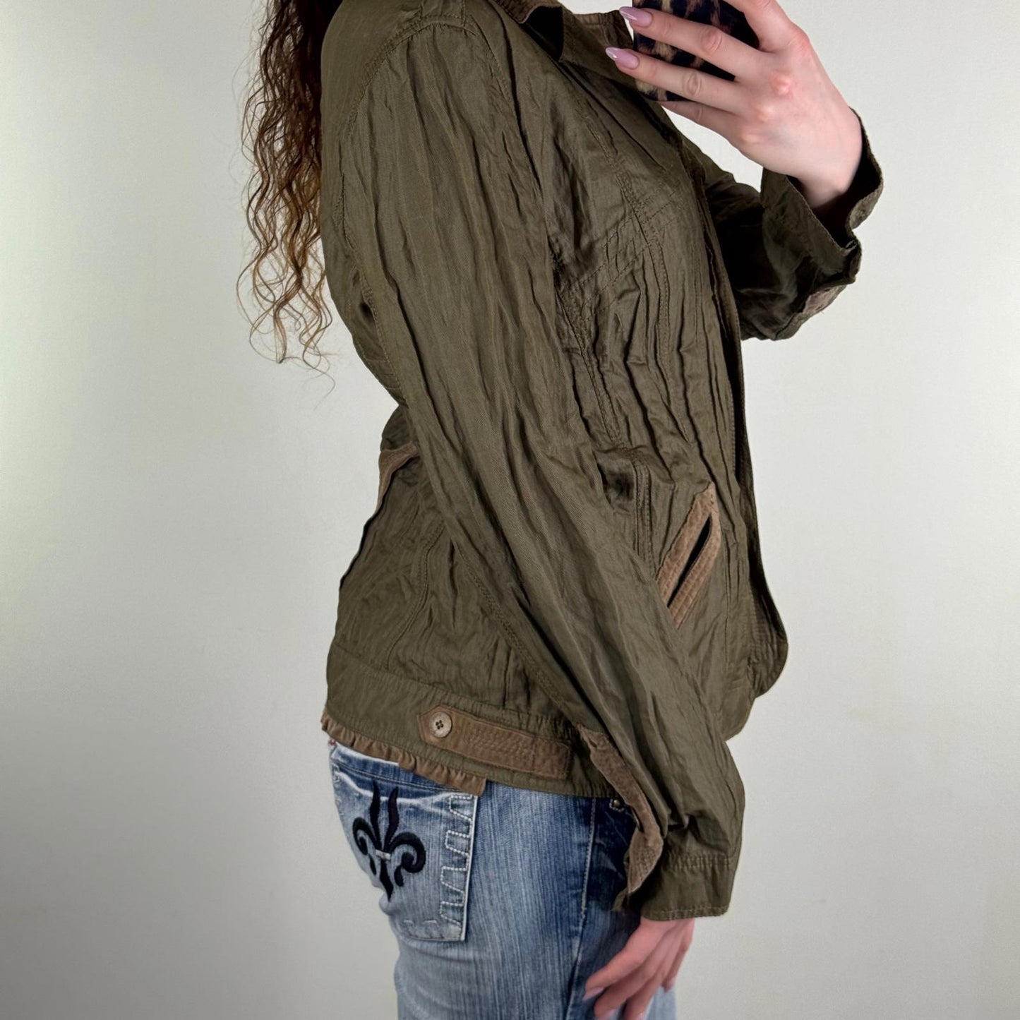 Y2K vintage blazer jacket lightweight khaki cargo v neck spring short length