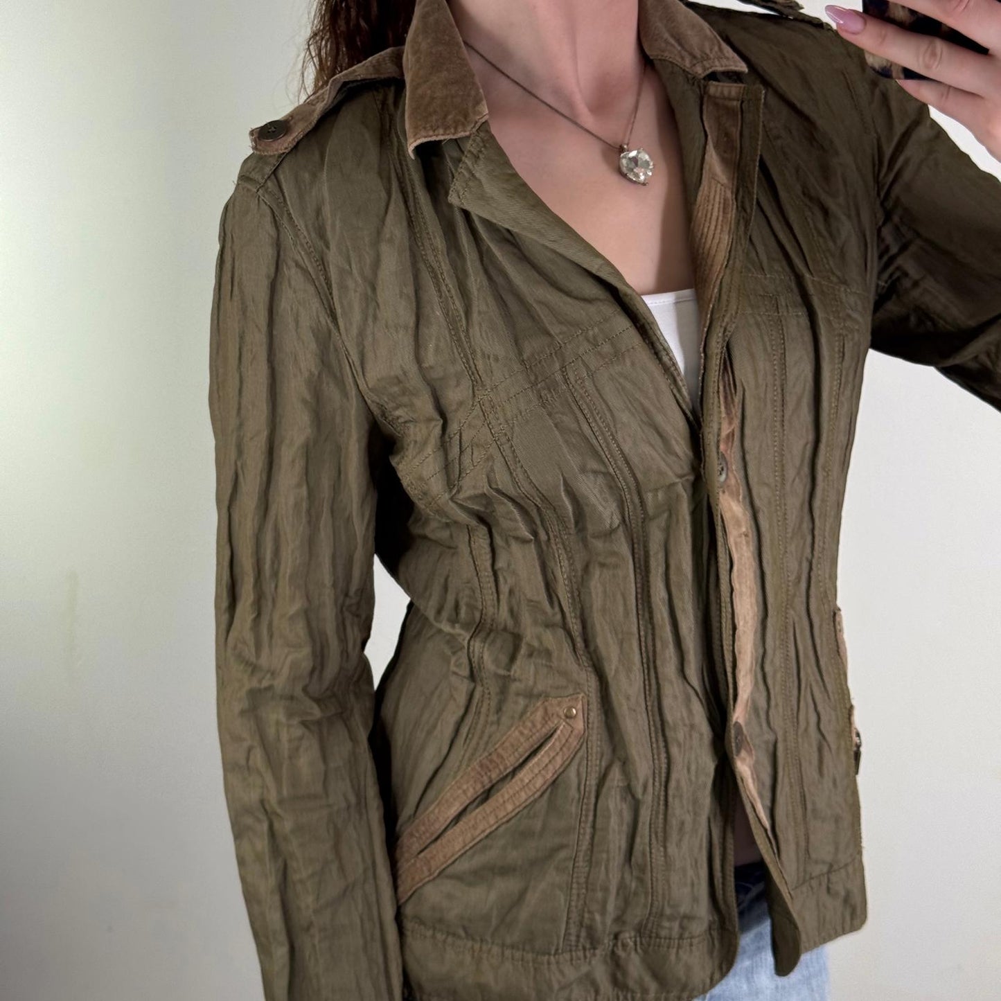 Y2K vintage blazer jacket lightweight khaki cargo v neck spring short length