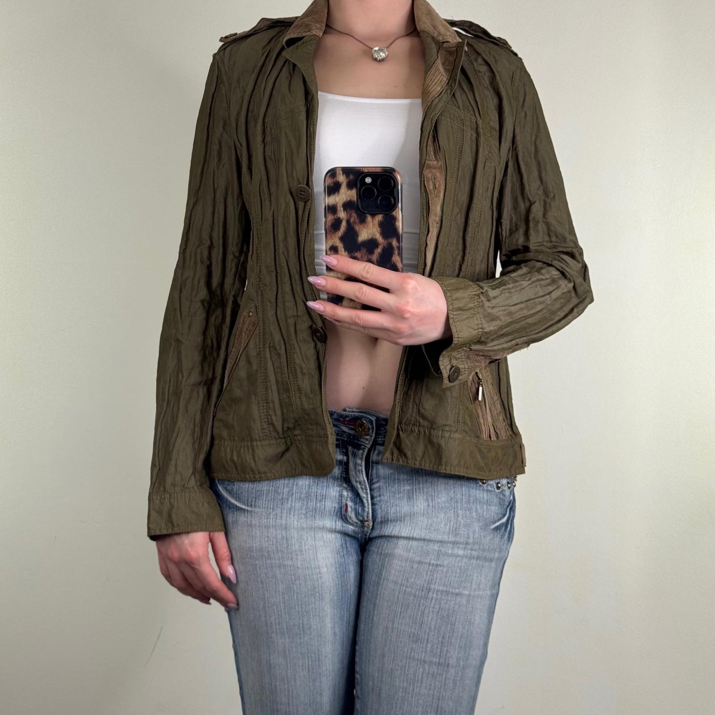 Y2K vintage blazer jacket lightweight khaki cargo v neck spring short length